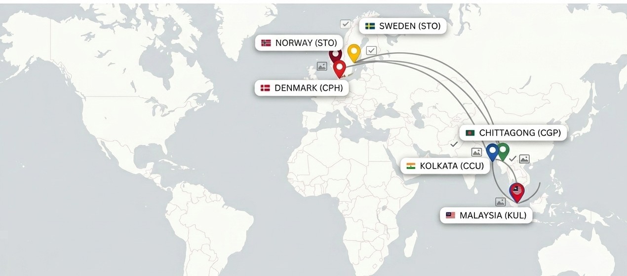 Map highlighting Rajib Nandy's academic and cross-cultural journey from Chittagong to Kolkata, Scandinavia, and Malaysia